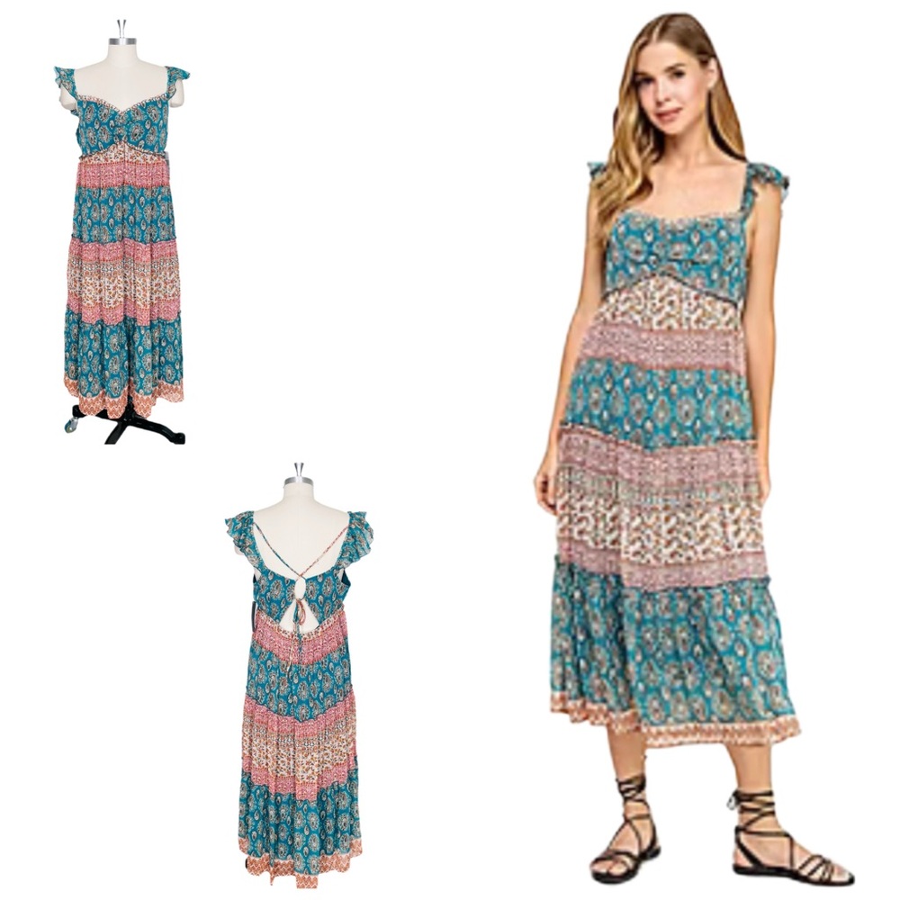 City Triangles Boho Maxi Dress Mixed Patterns Small NWT Cottage Prairiecore